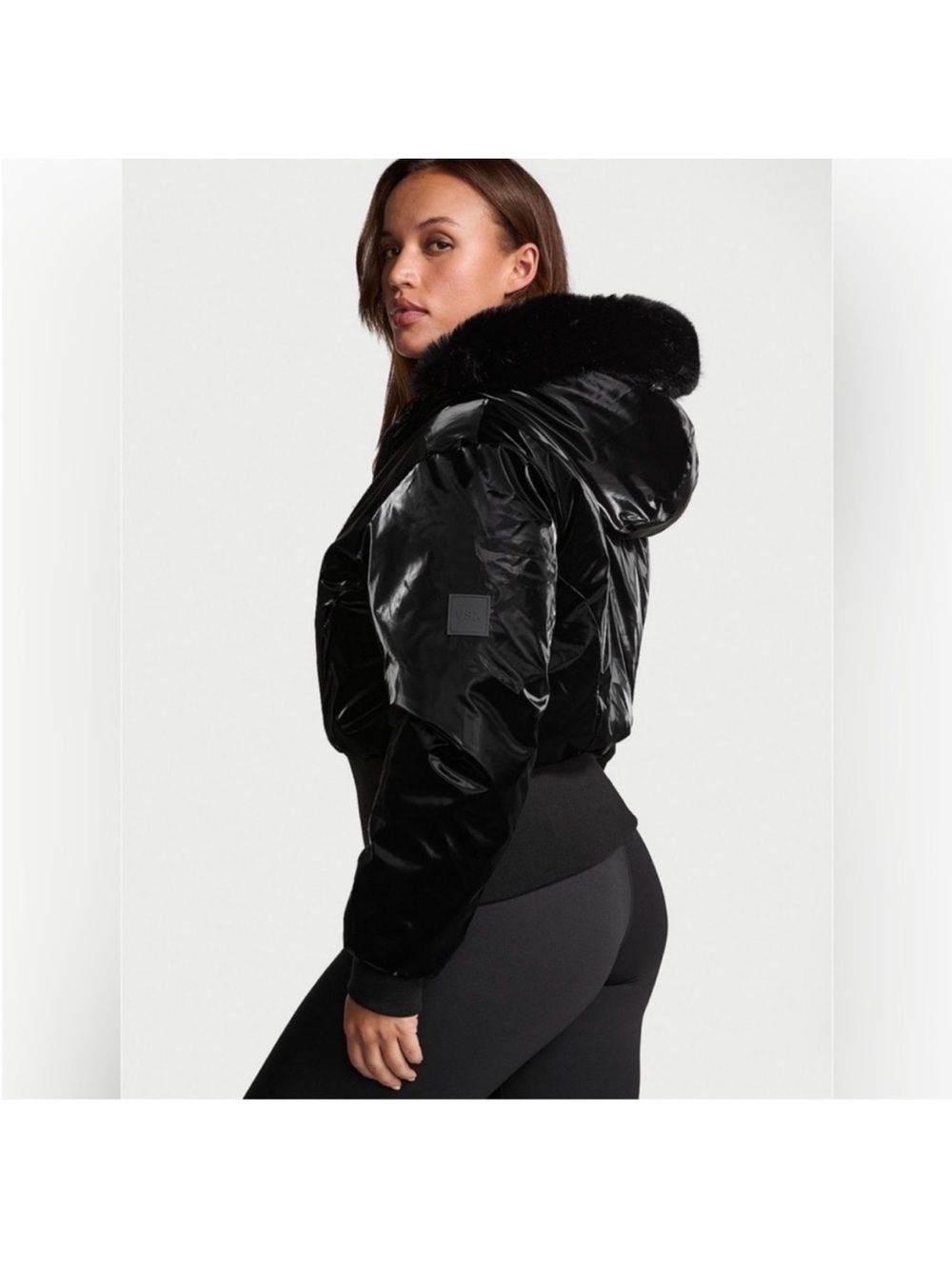 VSX Shiny Black Cropped Bomber Jacket with Faux Fur Hood